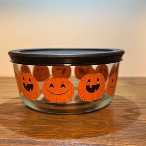 Glass Bowl with Black Lid and Orange Pumpkin Design